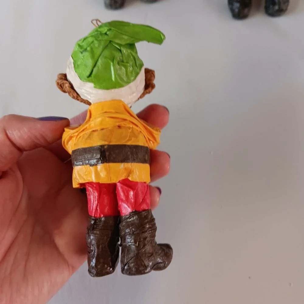 Vintage Paper Mache Christmas Ornaments Set‎ 4 Santa Elf Folk Art Figures Retro